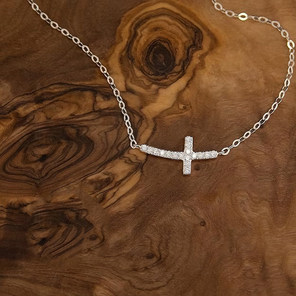 Women Casual CZ Smile Cross 925 Sterling Silver Necklace