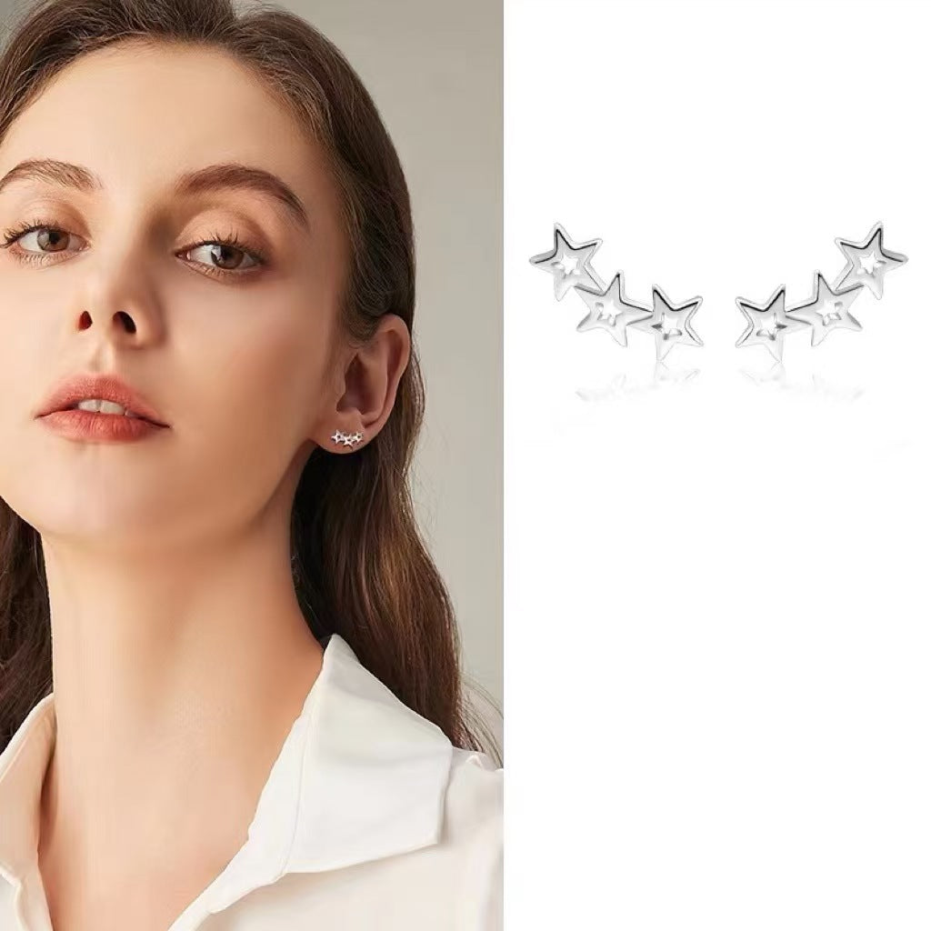 Lady Girl Three Hollow Stars 925 Sterling Silver Stud Earrings