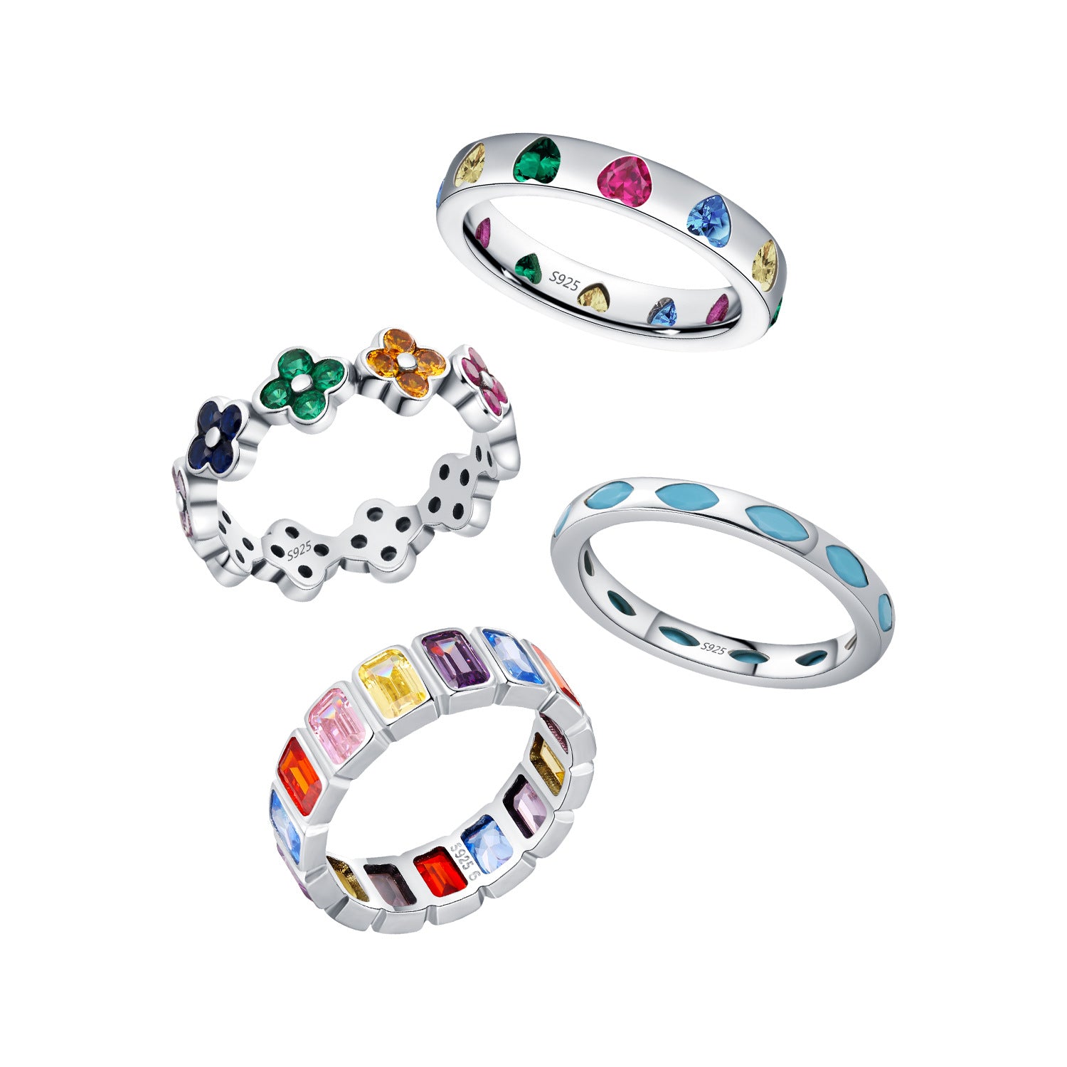Colorful Lucky Clover Turquoise Heart S925 Sterling Silver Adjustable Open Ring
