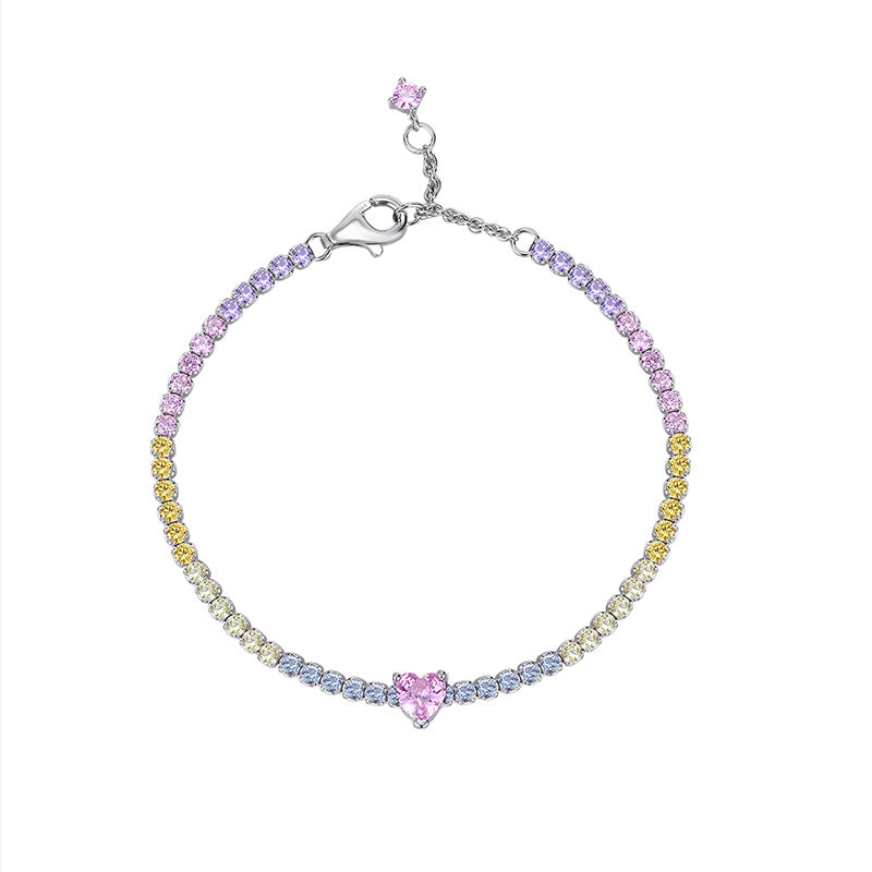 Rainbow Love Heart Shape Cubic Zirconia Tennis Bracelet in 925 Sterling Silver with Adjustable Chain Multicolor Fashion Jewelry for Women Birthday Anniversary Gift