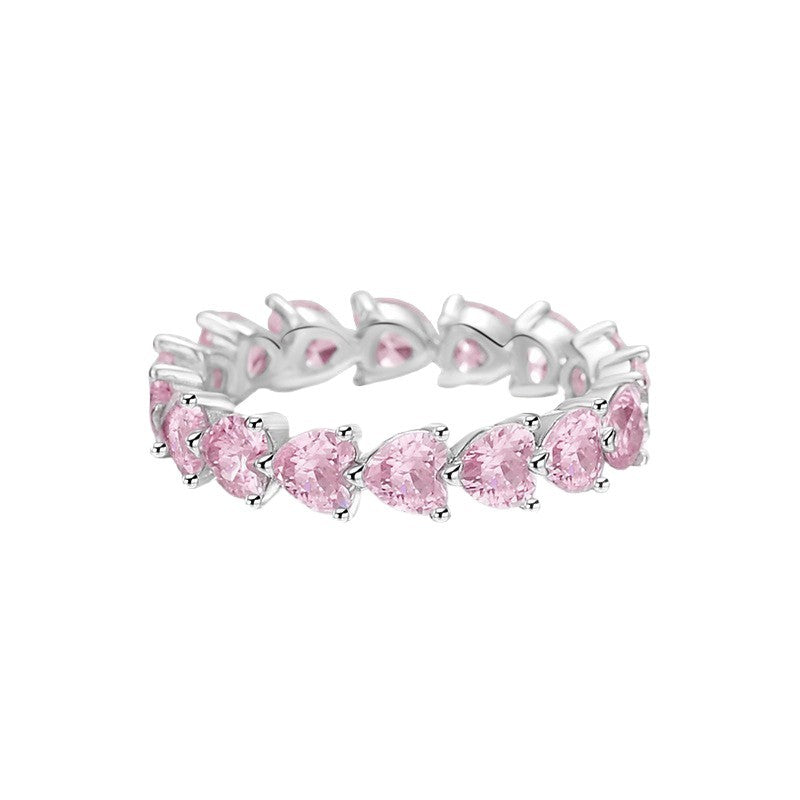 Pink Heart Full Zircon Women Elegant Shiny Jewelry S925 Sterling Silver Luxury Fashion Ring