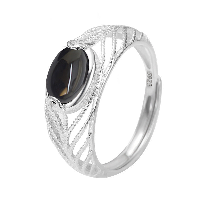Geometric U-Shape Black Onyx Open Adjustable 925 Sterling Silver Ring