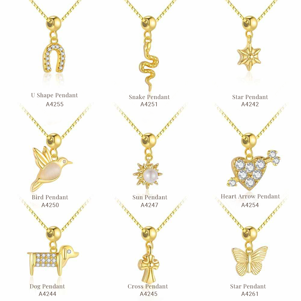 Fashion Gold CZ Heart Dog Bird Snake Star Cross 925 Sterling Silver DIY Pendant