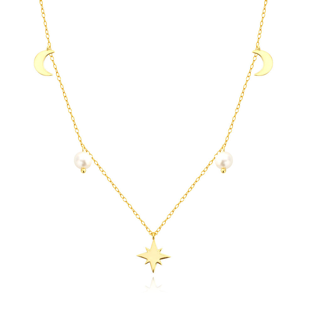 Pearl Moon Crescent Moon Star Anise 925 Sterling Silver O-shaped Necklace
