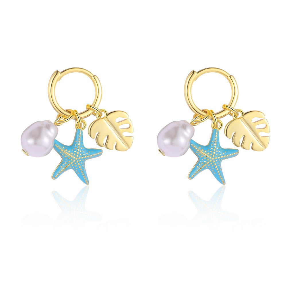 Summer Ocean Star Sea Pearl Circular Leaf-shaped Resin Pendant S925 Silver Earrings