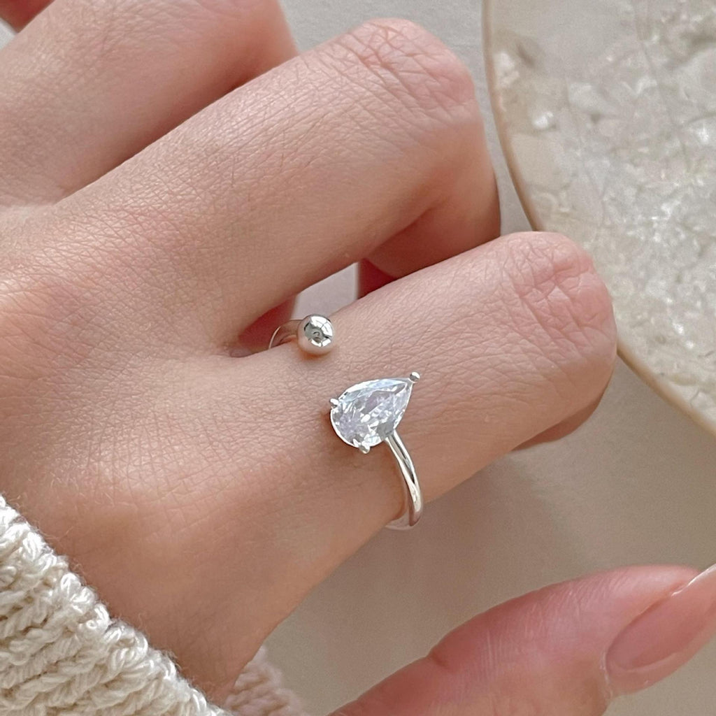 Women Elegant Waterdrop CZ Ball 925 Sterling Silver Adjustable Ring