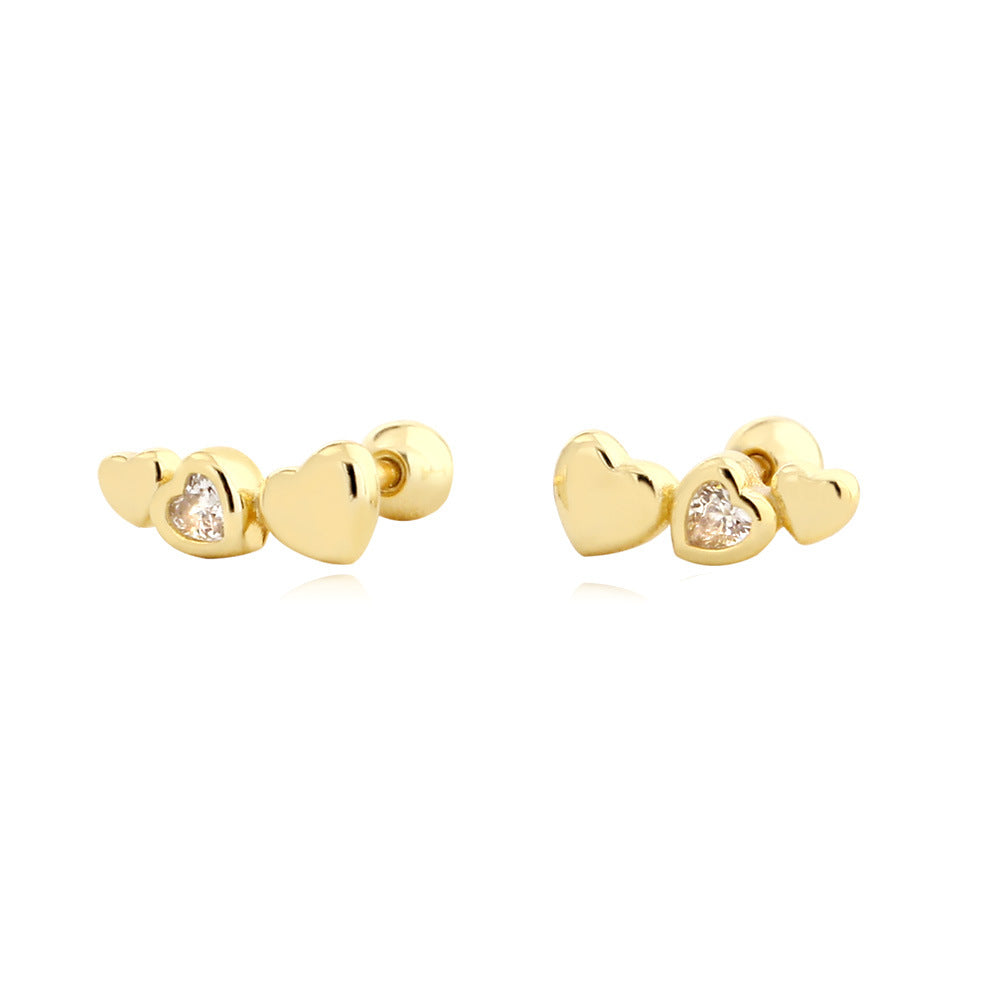 Modern Minimalist Daily Wear Mini Triple Heart Cubic Zirconia S925 Silver Screw Back Ear Stud Earrings