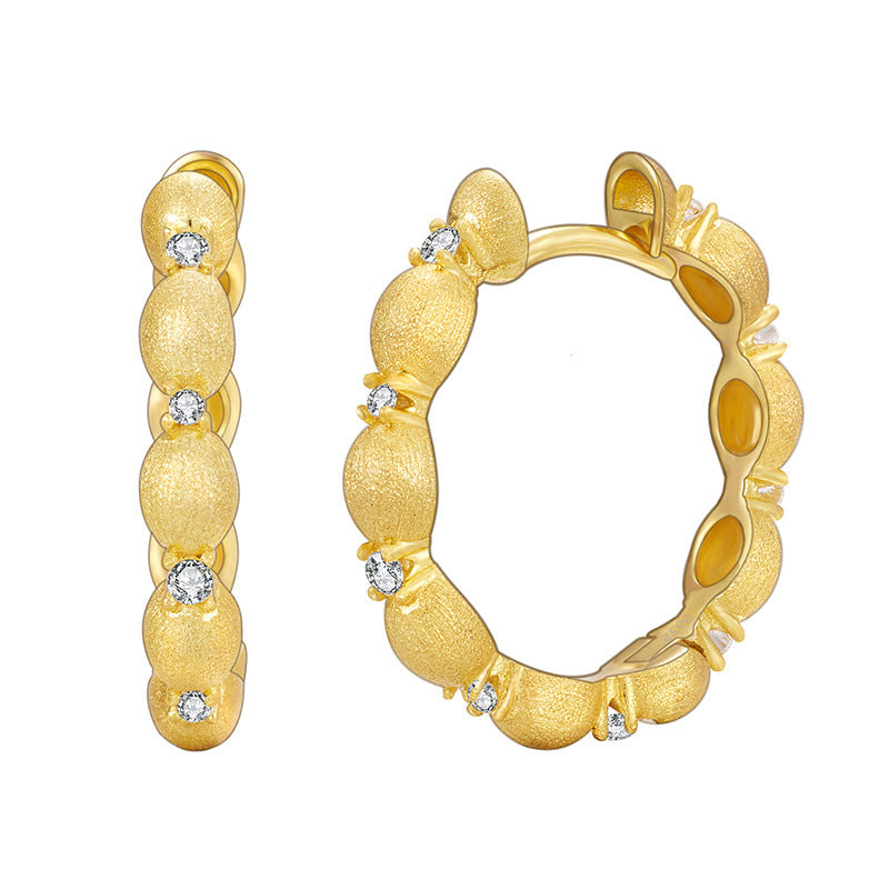Geometric Hoop Cubic Zirconia Brushed Oval Bead 18K Gold Plated 925 Sterling Silver Earrings