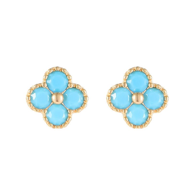 Retro Four Leaf Clover Shaped Turquoise 925 Silver Earring
