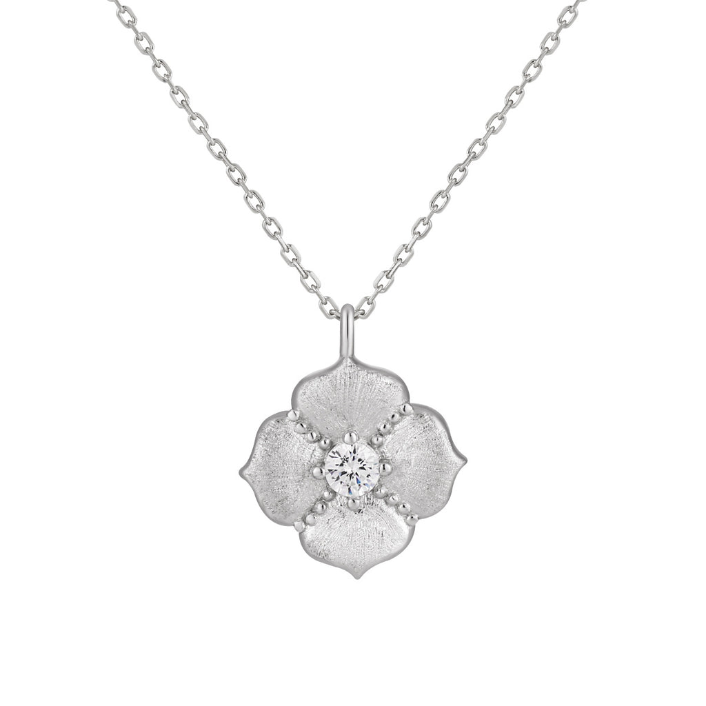 Cubic Zirconia Brushed Five Petal Flower 925 Sterling Silver Minimalist Collarbone Chain Necklace