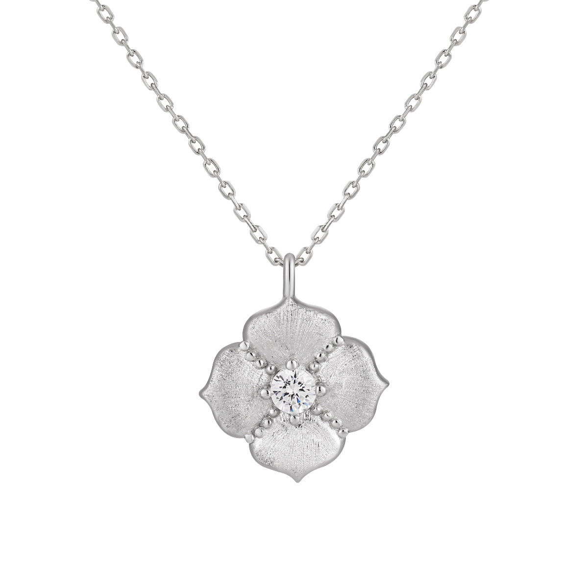 Cubic Zirconia Brushed Five Petal Flower 925 Sterling Silver Minimalist Collarbone Chain Necklace