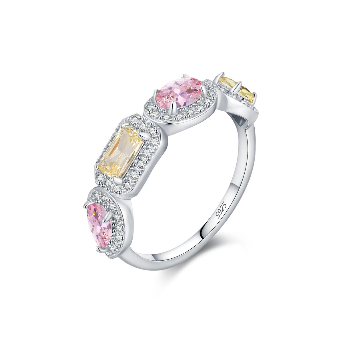 Elegant Geometric Design Multi-Color Cubic Zirconia 925 Sterling Silver Fashion Ring for Women with Yellow and Pink Stones in Contemporary Style