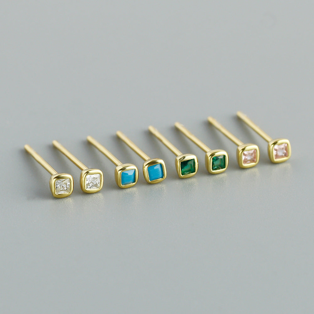 Geometric Square Zirconia  Compact Minimalist Stylish 925 Sterling Silver Stud Earrings