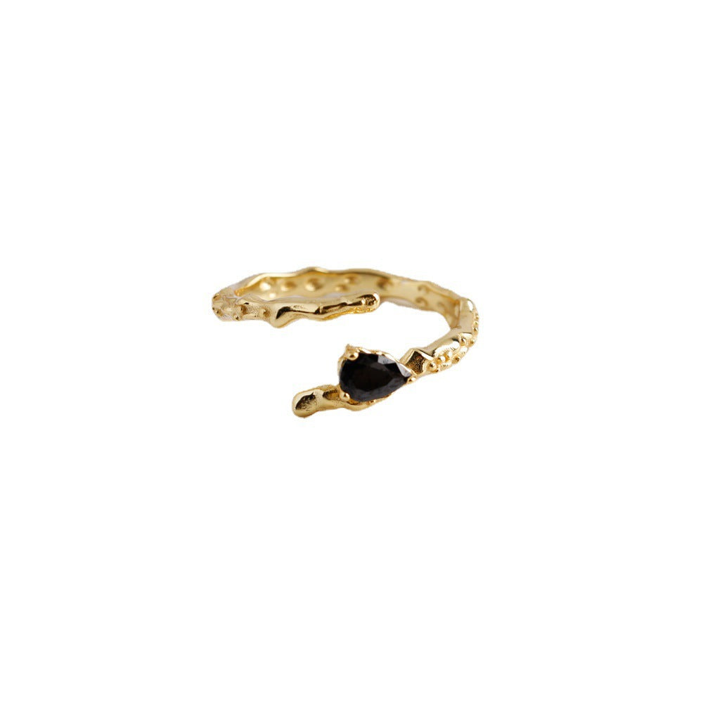 Black Teardrop Shaped Cubic Zirconia  Irregular Textured Wave Design  925 Sterling Silver Ring