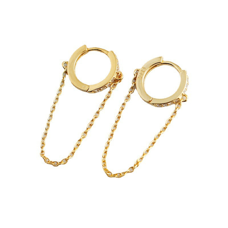Geometric Circle Zirconia Chain Tassel Pendant 925 Sterling Silver Earrings