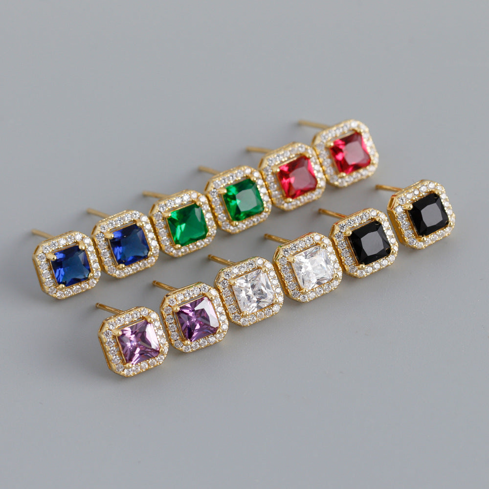 Geometric Square Zirconia 925 Sterling Silver Stud Earrings