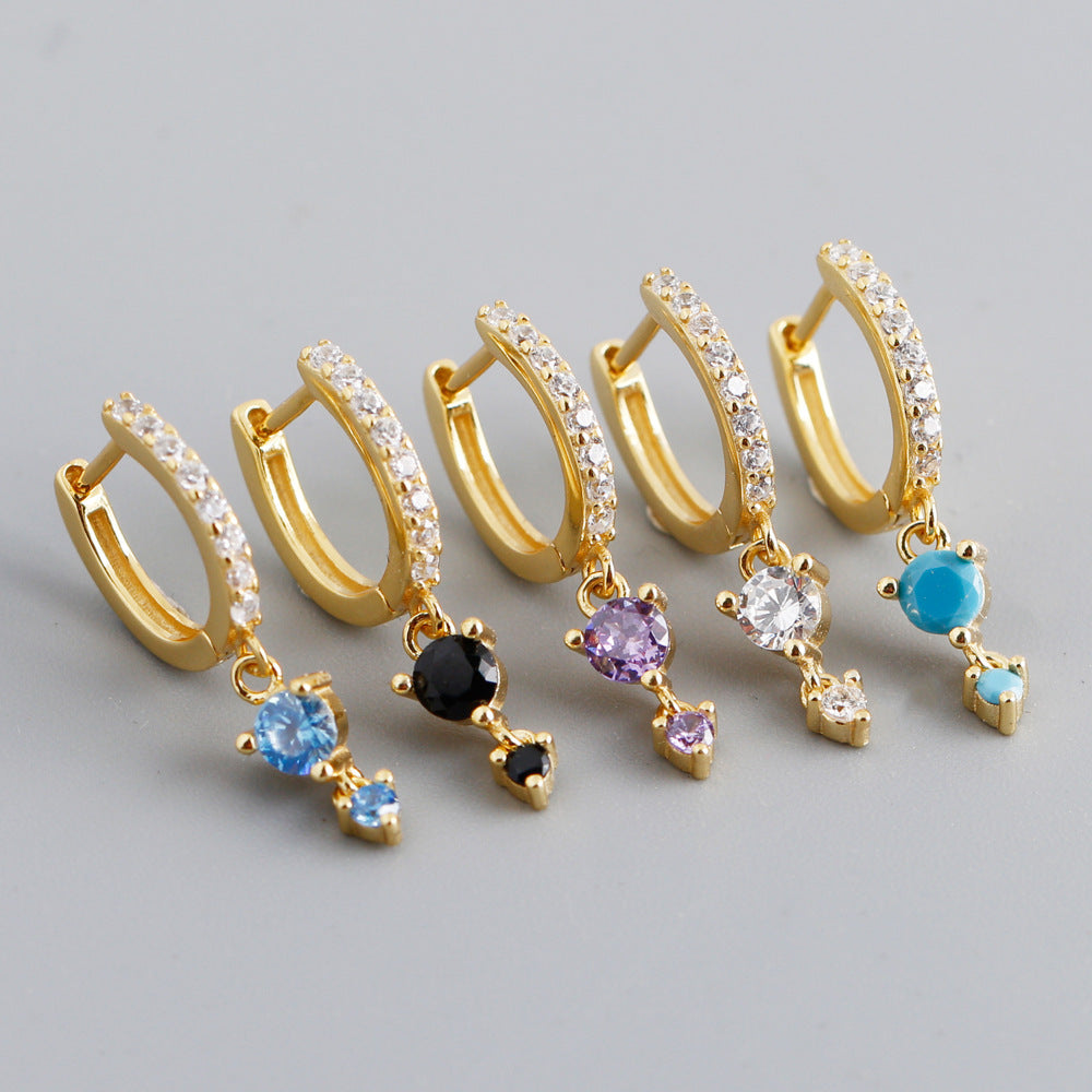Round Geometric Colorful Zirconia 925 Sterling Silver Hoop Earrings