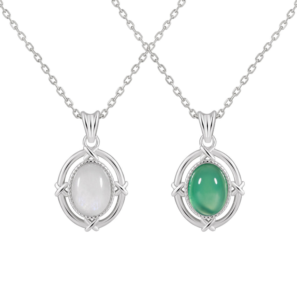 Elegant Geometric Oval Natural Moonstone and Green Agate 925 Sterling Silver Necklace for Women with Adjustable Chain