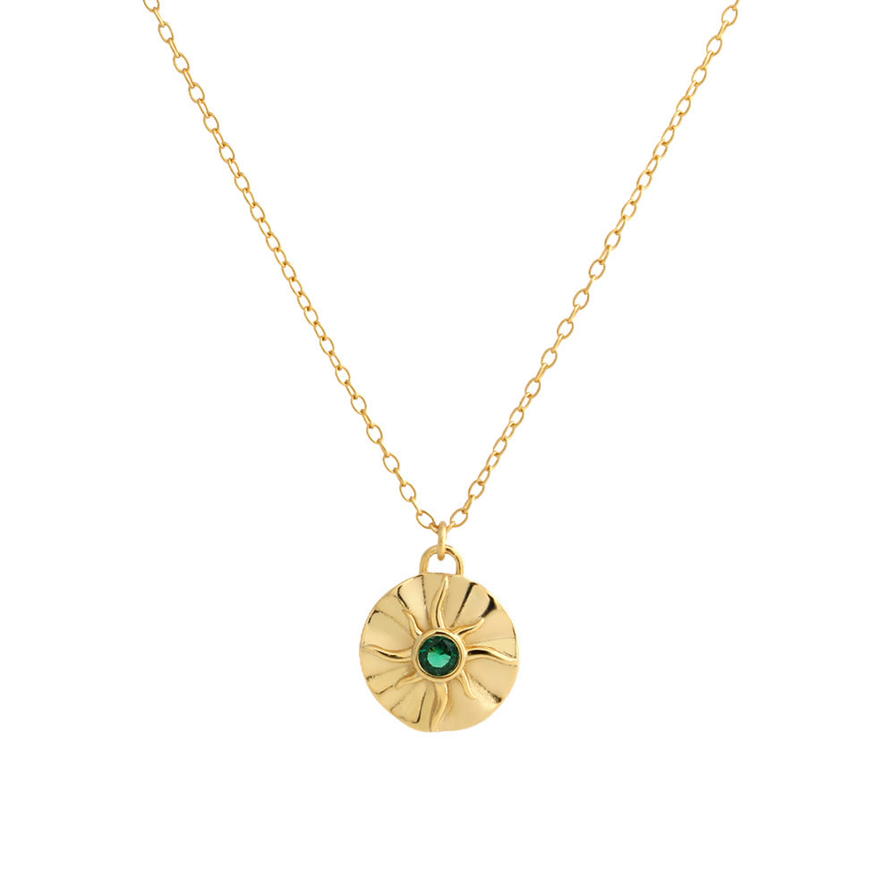 Green Stone Sunburst Disc 925 Sterling Silver Pendant Delicate Layering Clavicle Chain Necklace