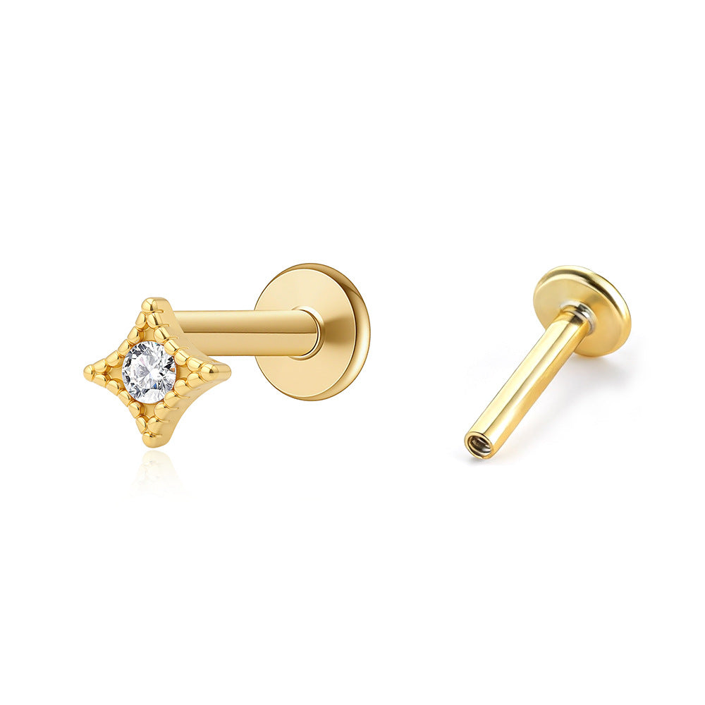 Geometric Four Point Star Cubic Zirconia 925 Sterling Silver Flat Back Internal Thread Ear Stud Earring(Single)