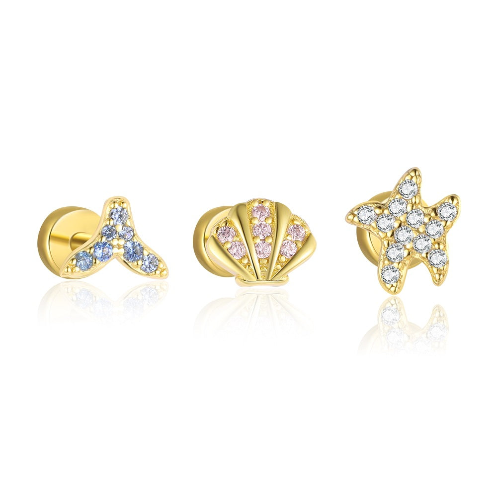 Ocean-themed cubic zirconia. Mermaid tail shell starfish. 18K gold coating. S925 silver Earring