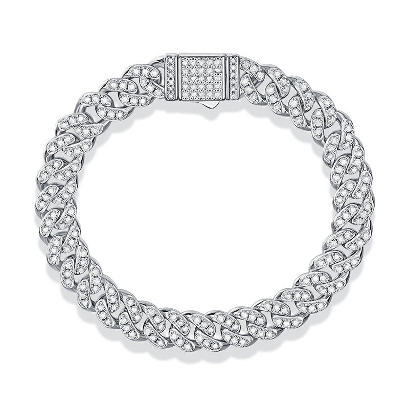 Geometric Cuban Link Moissanite Bracelet 8mm 925 Sterling Silver Full Pave Round Stone Hip Hop Chain Bracelet