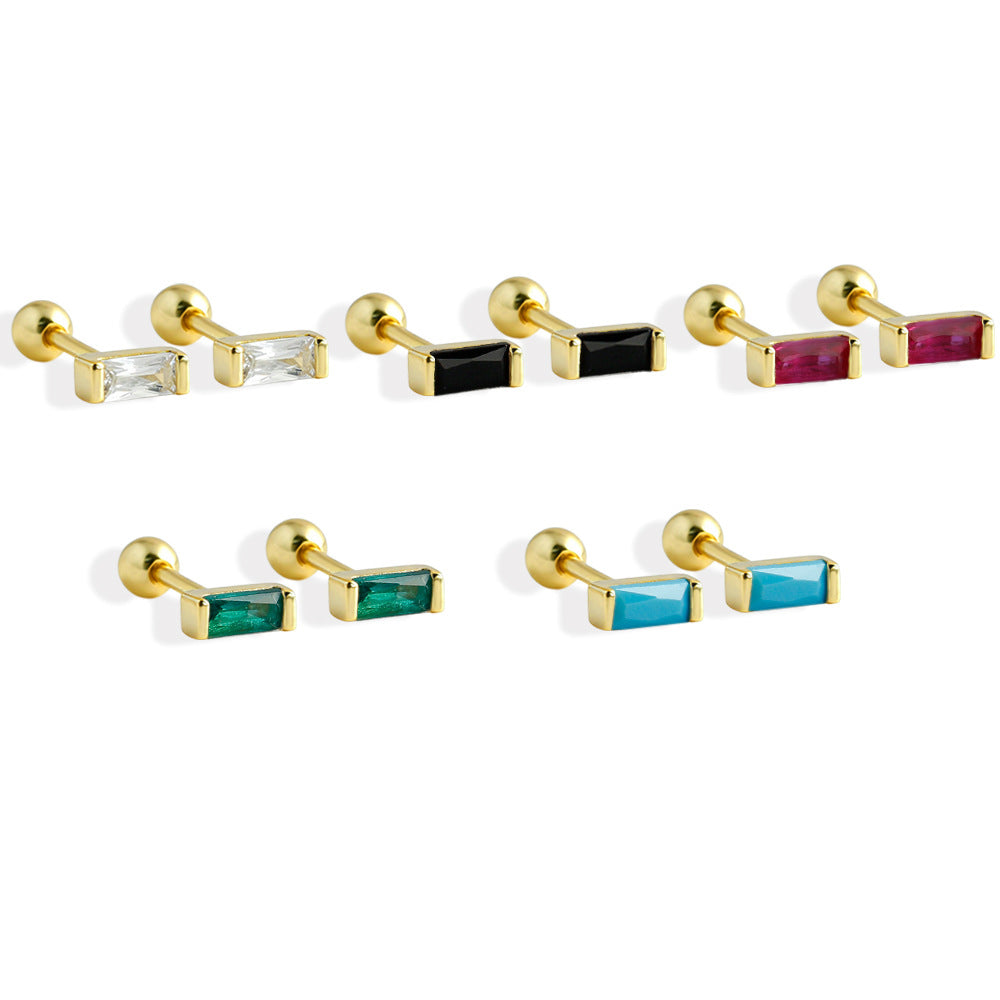 Rectangular Geometric Cubic Zirconia Mini Minimalist 925 Sterling Silver Stud Earrings