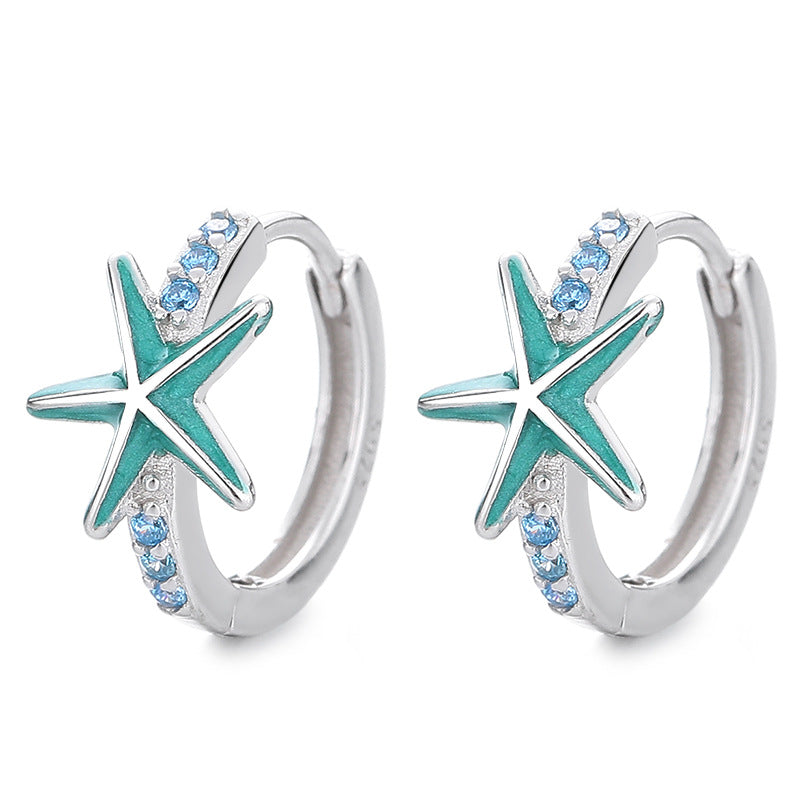 Blue Star Sea Urchin Cubic Zirconium Sea Star Circular 925 Sterling Silver Earrings