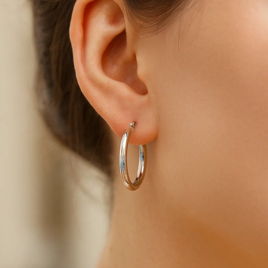 Sterling Silver Polished Hoop Motif Earrings with Rhodium Plating (3x20mm)