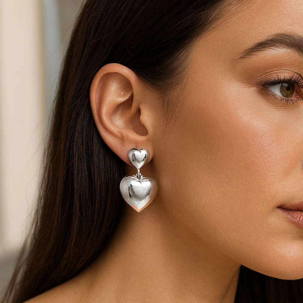 Sterling Silver Rhodium Plated Puffed Double Heart Drop Earrings