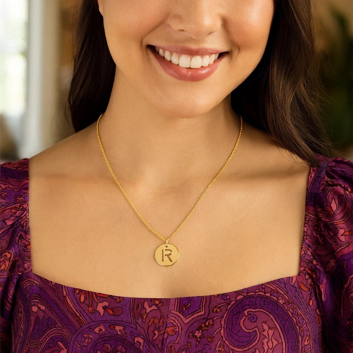 14K Yellow Gold Disc Initial R Pendant