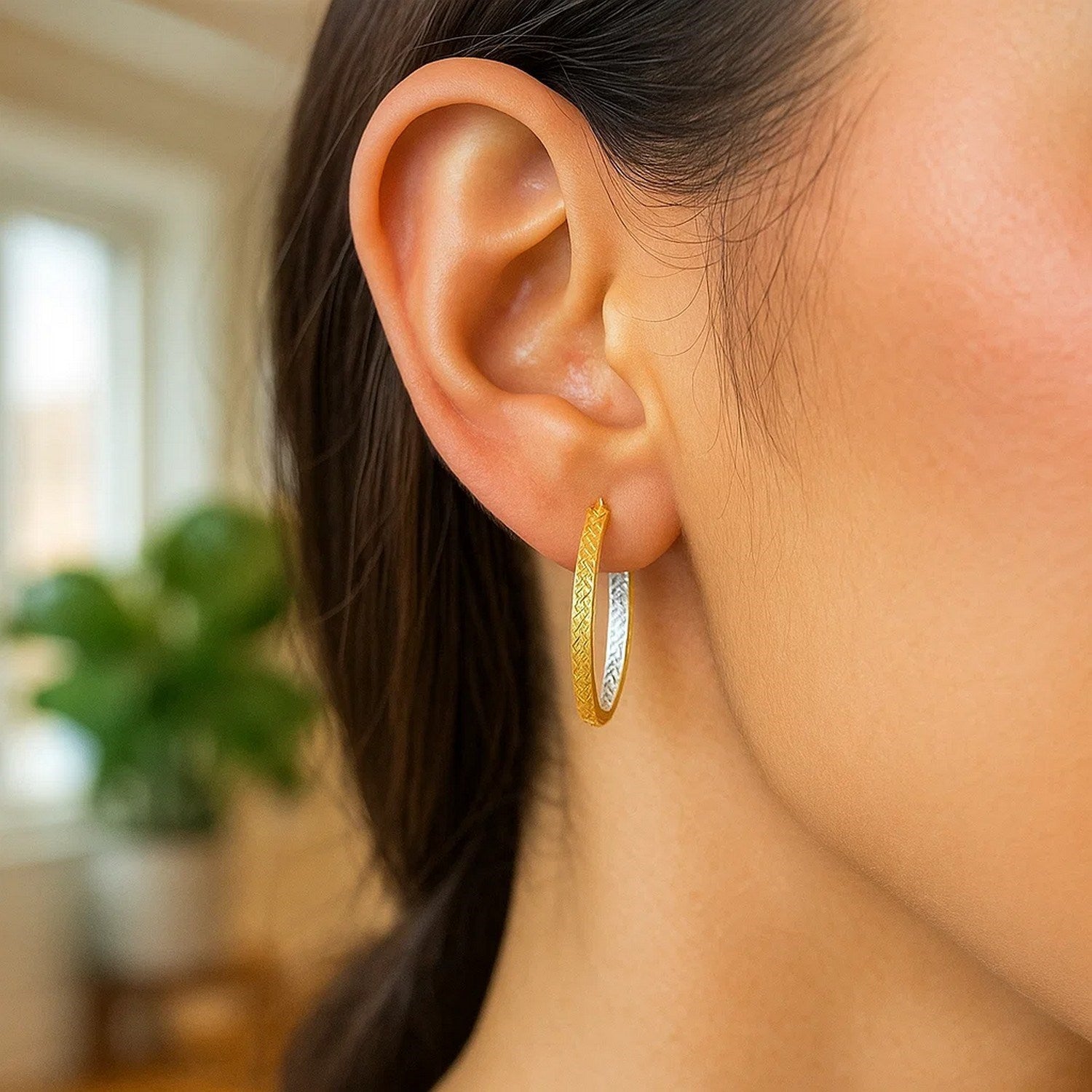 10K TwoTone Yellow and White Gold Petite Patterned Hoop Earrings(3x25mm)