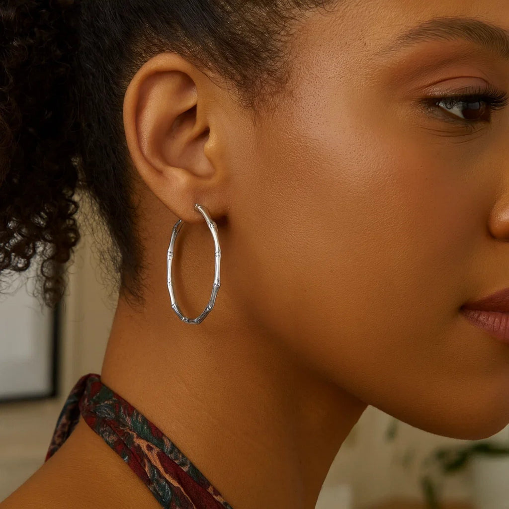 Sterling Silver Rhodium Plated Bamboo Hoop Earrings