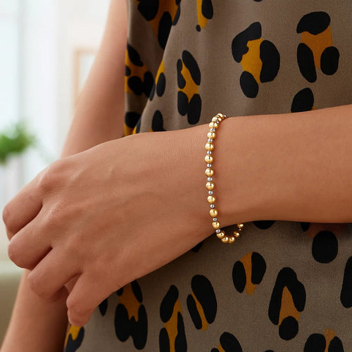 14k Two Tone Gold Polished Diamond Cut Bead Bracelet (4.00 mm)