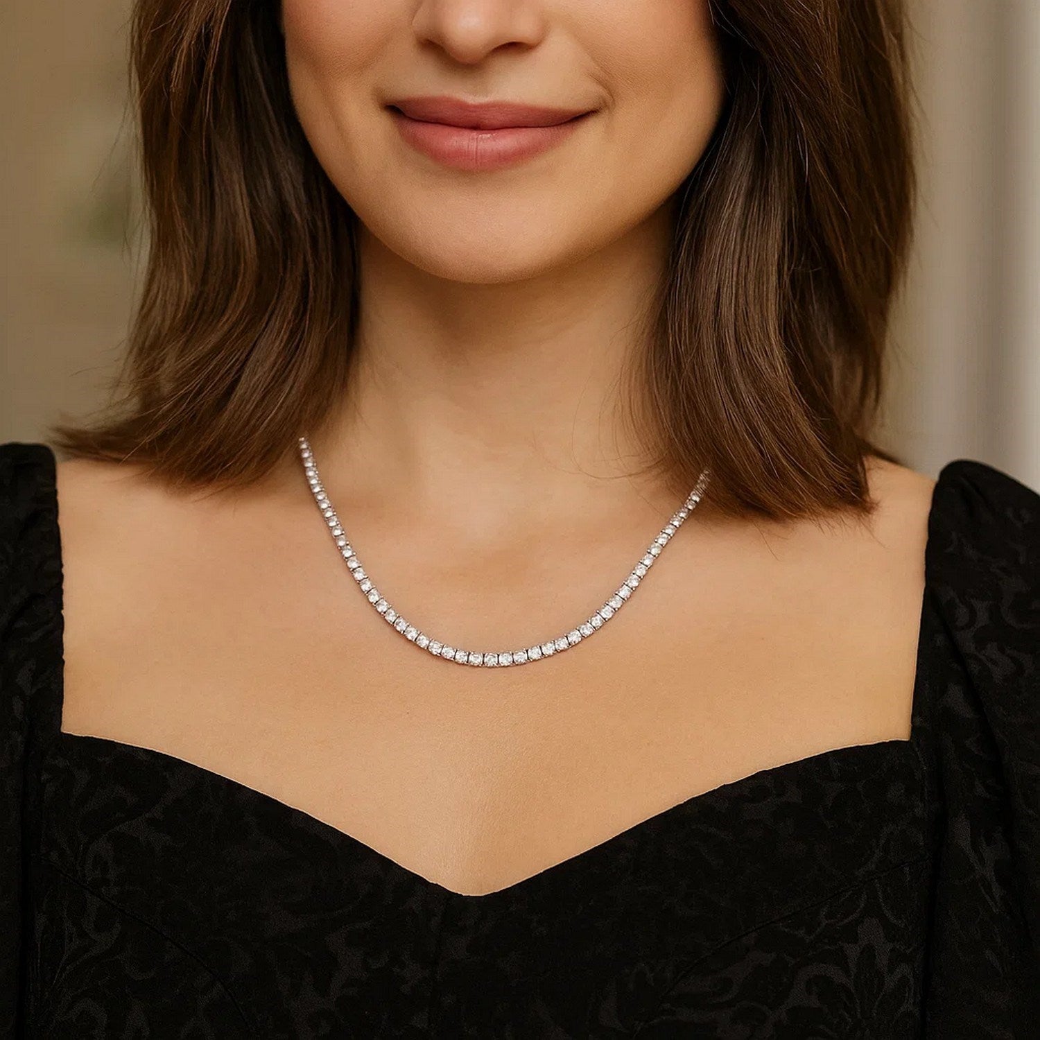 Sterling Silver Rhodium Plated CZ Tennis Necklace