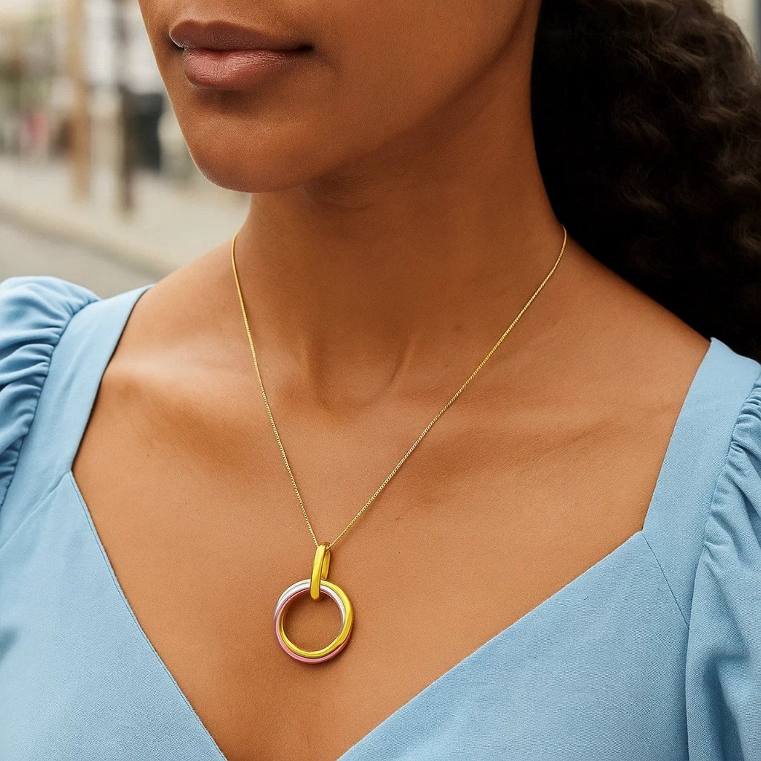 14k Tri-Color Gold Open Interlaced Ring Pendant