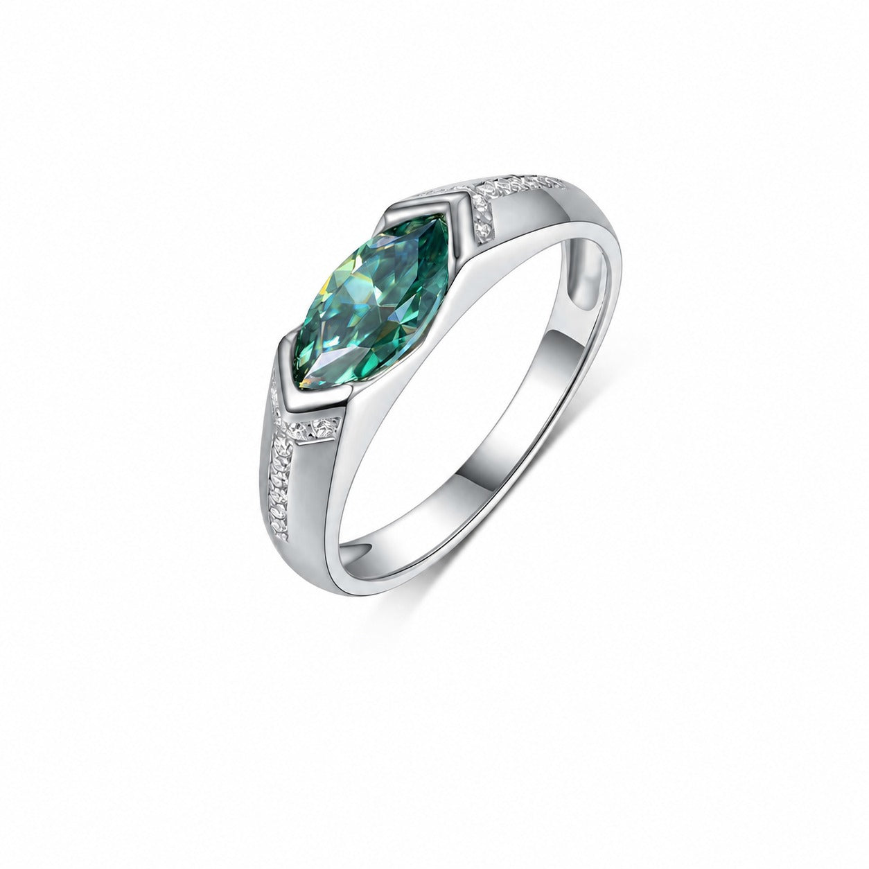 Green Marquise Cut Moissanite Geometric Oval Shaped 925 Sterling Silver Ring
