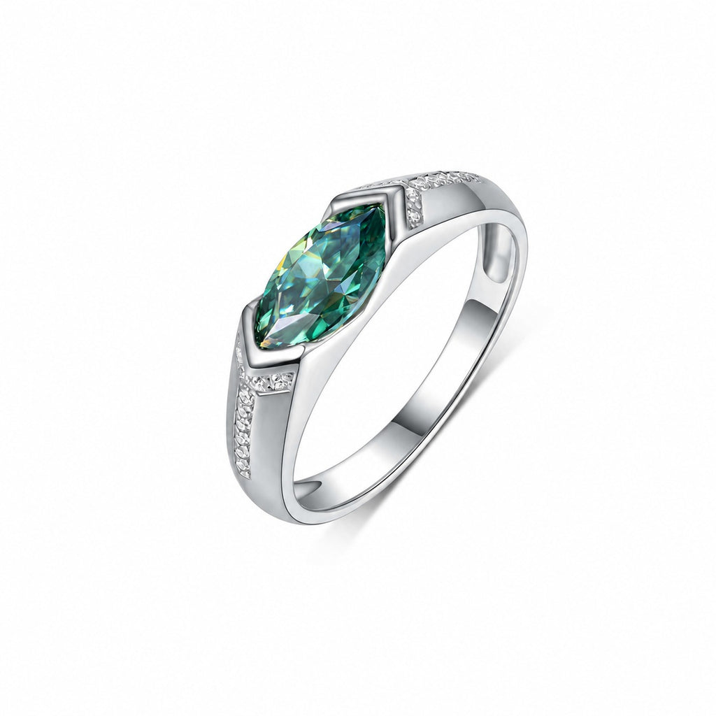 Green Marquise Cut Moissanite Geometric Oval Shaped 925 Sterling Silver Ring