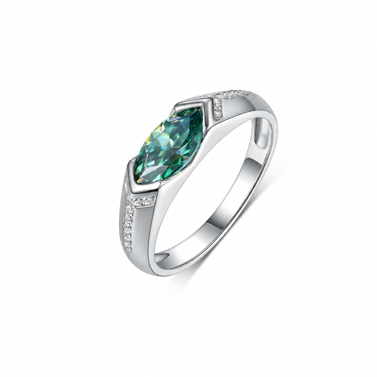 Green Marquise Cut Moissanite Geometric Oval Shaped 925 Sterling Silver Ring