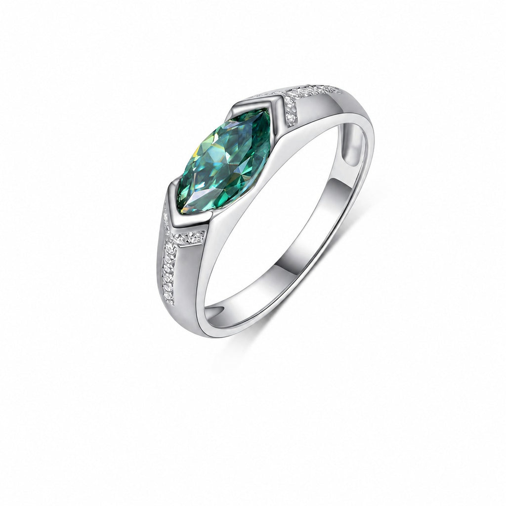 Green Marquise Cut Moissanite Geometric Oval Shaped 925 Sterling Silver Ring