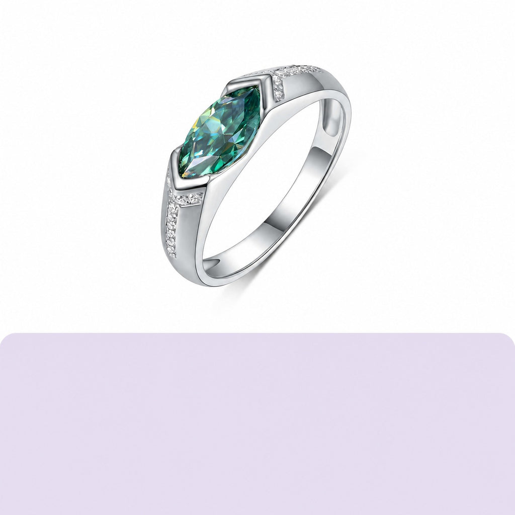 Green Marquise Cut Moissanite Geometric Oval Shaped 925 Sterling Silver Ring
