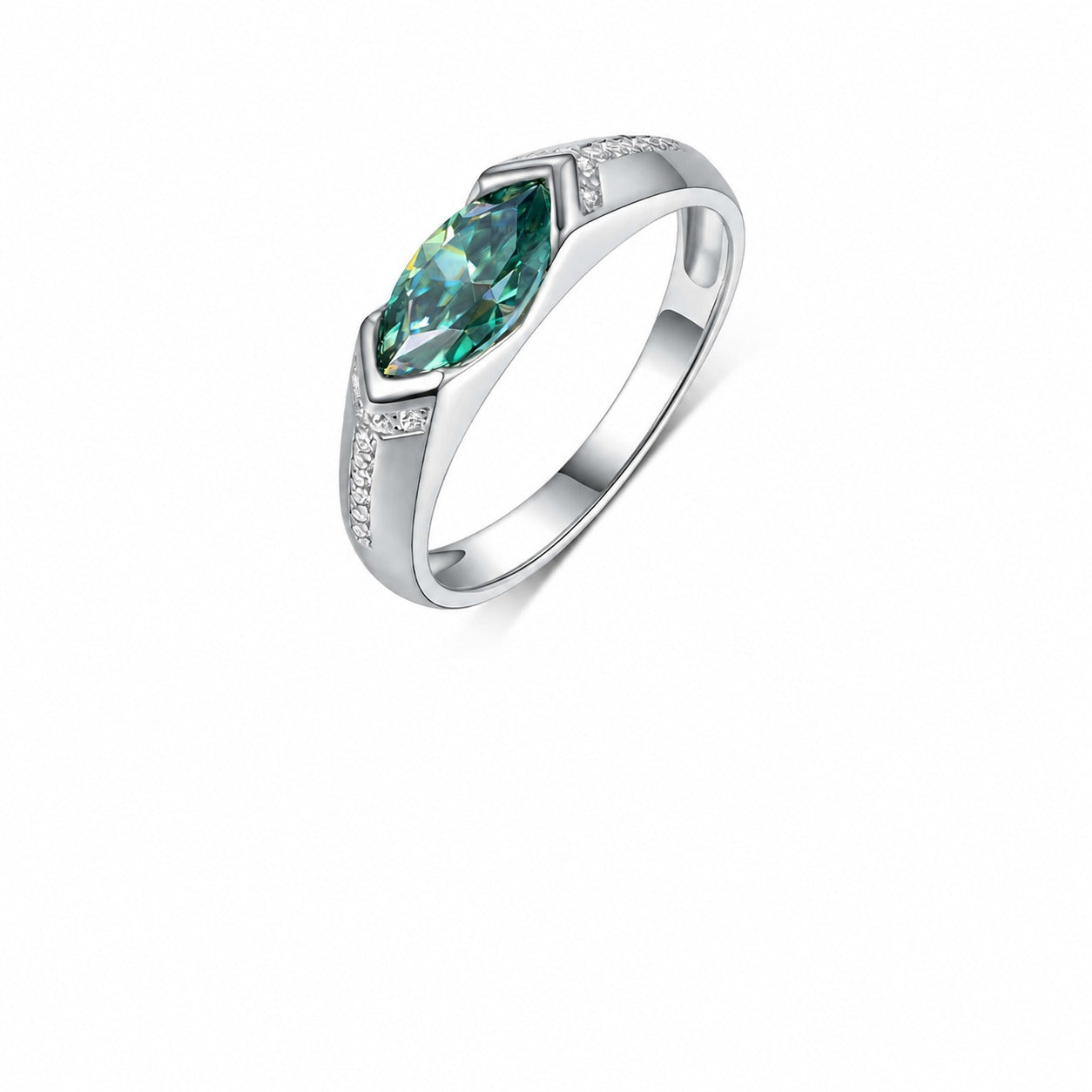 Green Marquise Cut Moissanite Geometric Oval Shaped 925 Sterling Silver Ring
