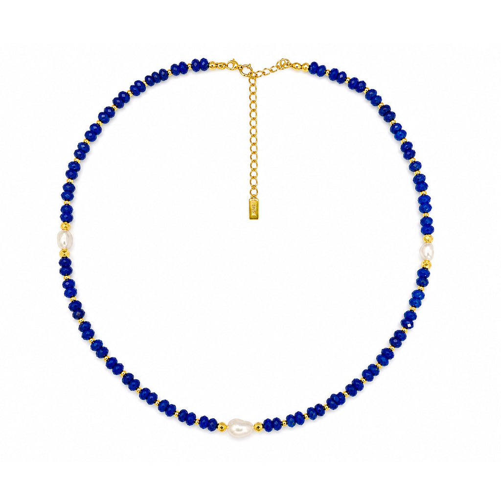 Elegant Royal Blue Faceted Agate Baroque Freshwater Pearl Beaded Adjustable 925 Sterling Silver Necklace