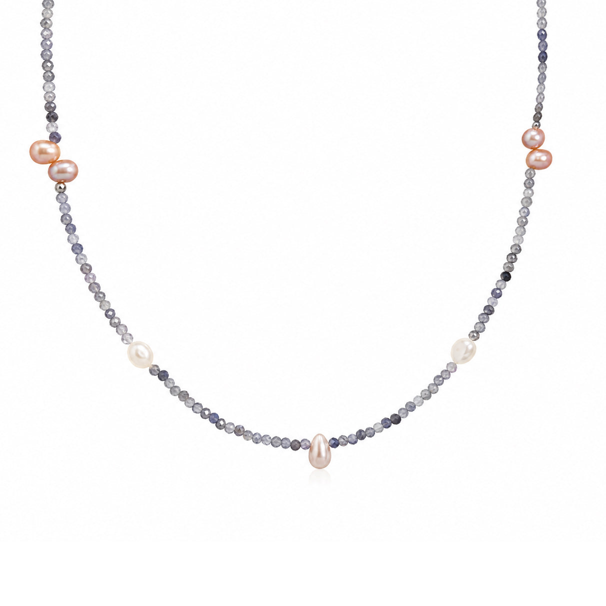 Soft Pastel Pink White Irregular Baroque Pearl Natural Grey Gemstone Beaded Strand 925 Sterling Silver Necklace