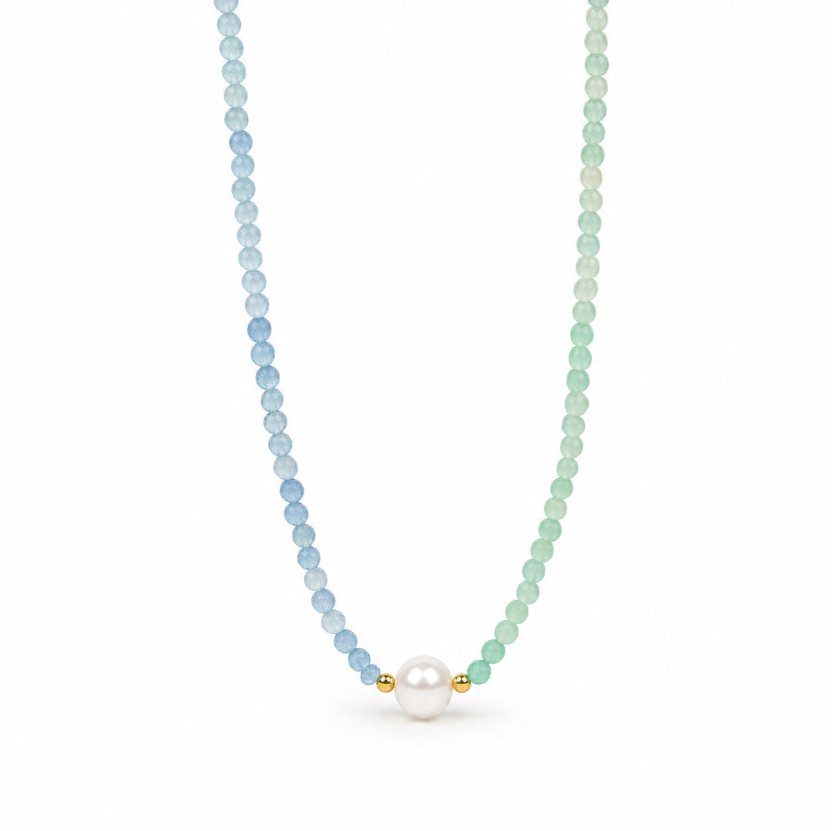Pastel Aquamarine Green Strawberry Quartz Single Focal Pearl Beaded Strand 925 Sterling Silver Necklace