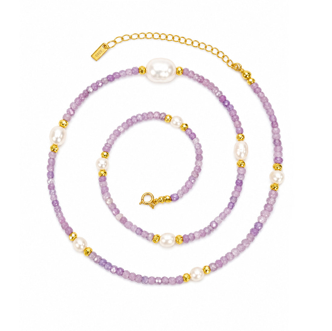 Lavender Faceted Amethyst Multi-Size Baroque Pearl Adjustable Gold Plated 925 Silver Necklace