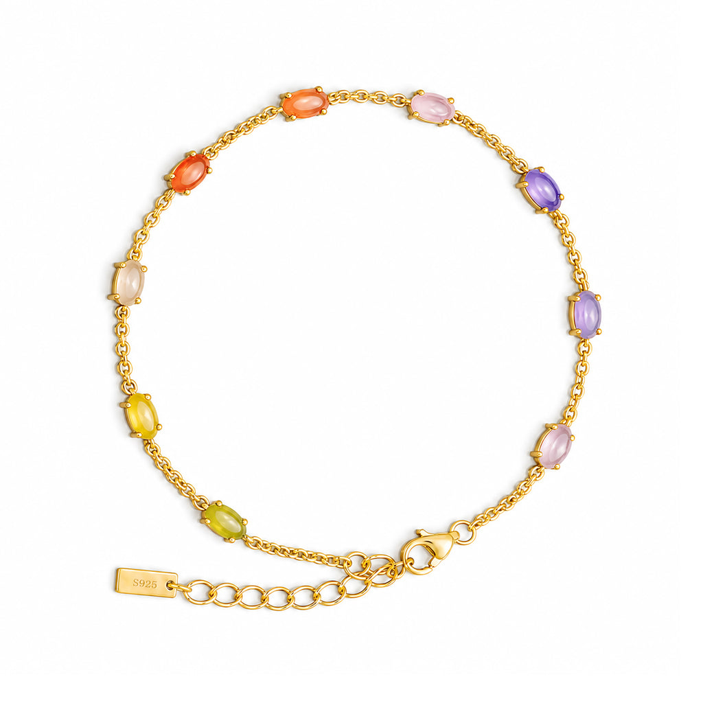 Delicate Multicolor Oval Cabochon CZ Delicate S925 Sterling Silver Chain Link Bracelet