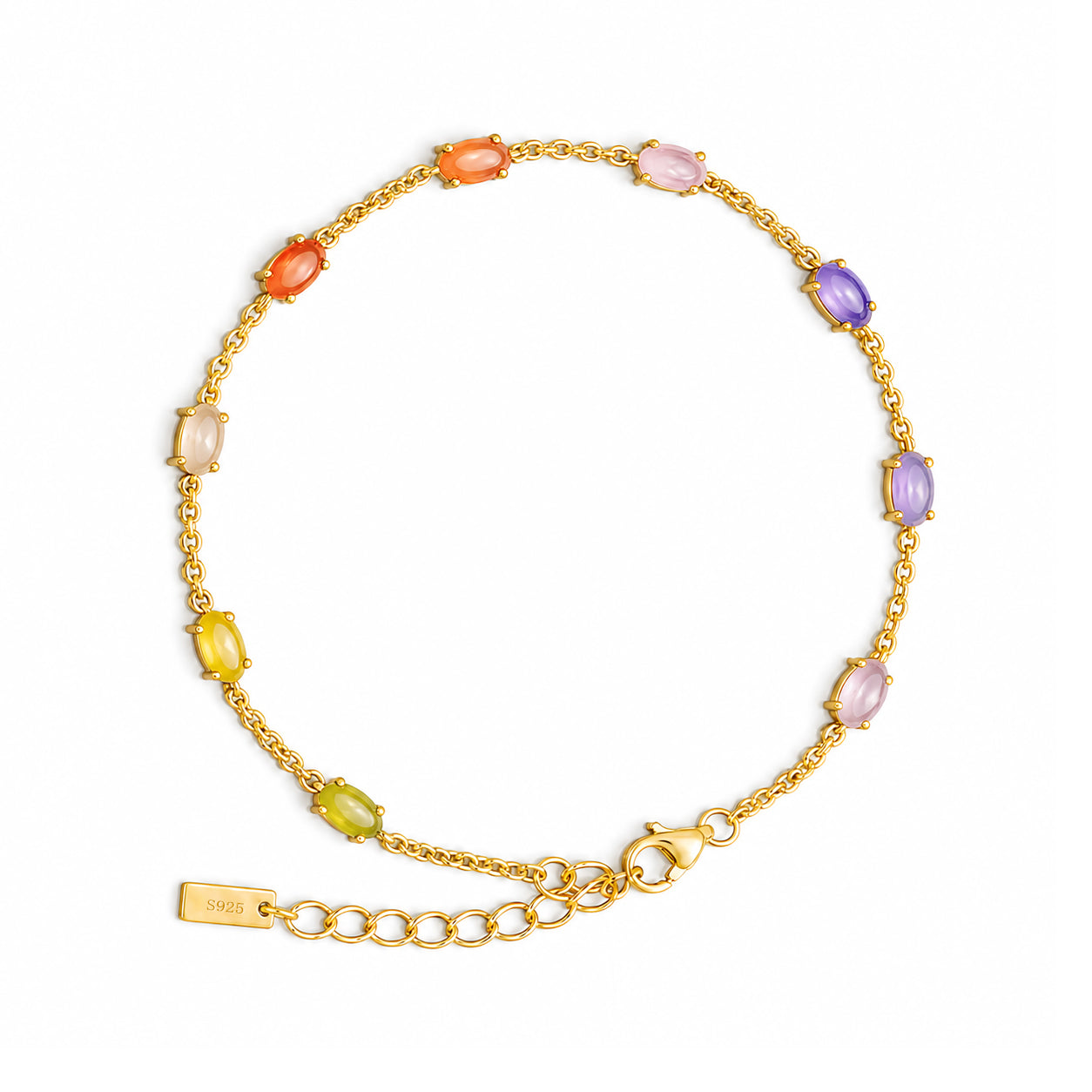 Delicate Multicolor Oval Cabochon CZ Delicate S925 Sterling Silver Chain Link Bracelet
