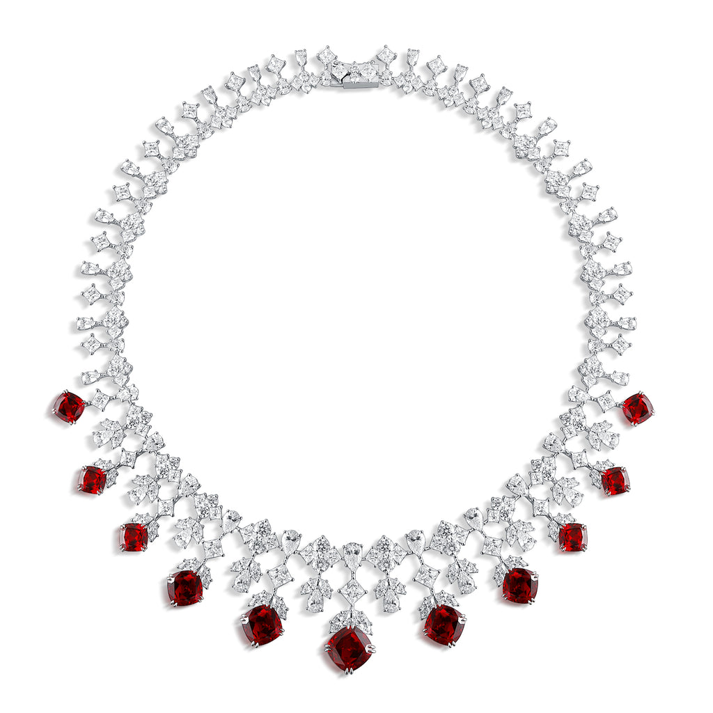 Lab Ruby Cushion-Cut Floral Cascade Statement Necklace in Sterling Silver