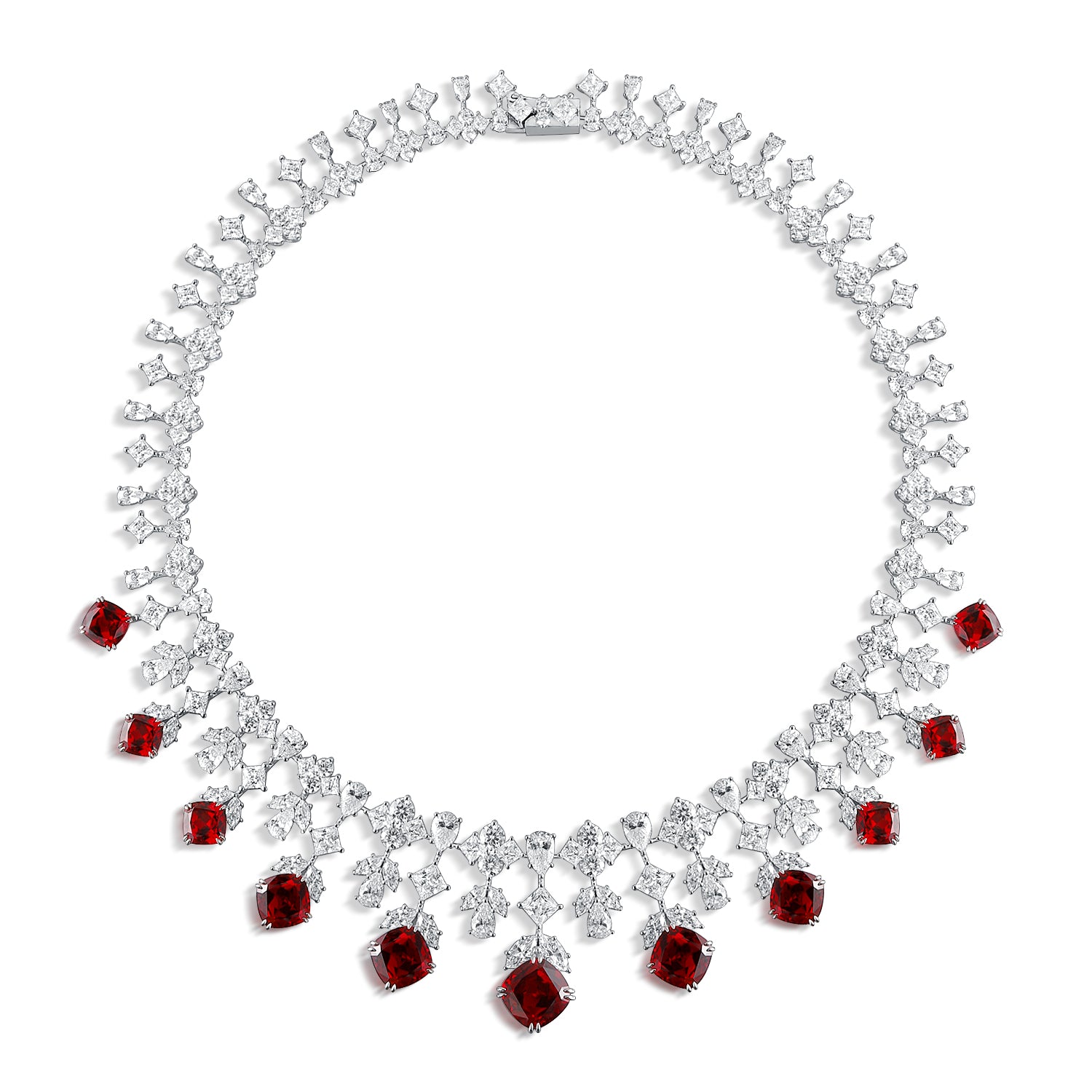 Lab Ruby Cushion-Cut Floral Cascade Statement Necklace in Sterling Silver